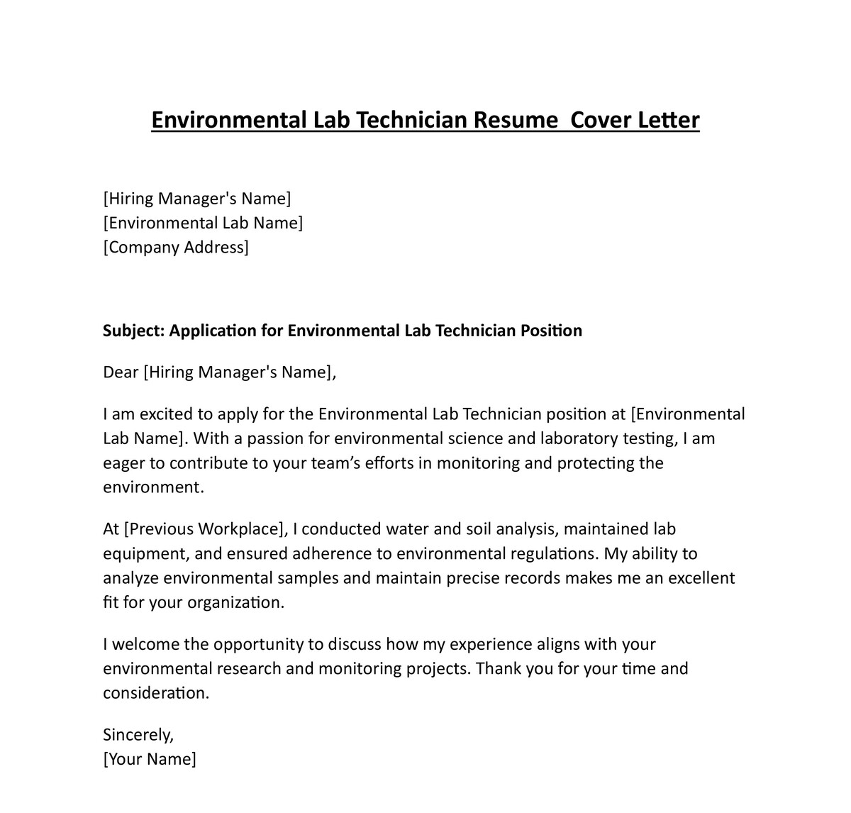 Environmental Lab Technician Resume Cover Letter