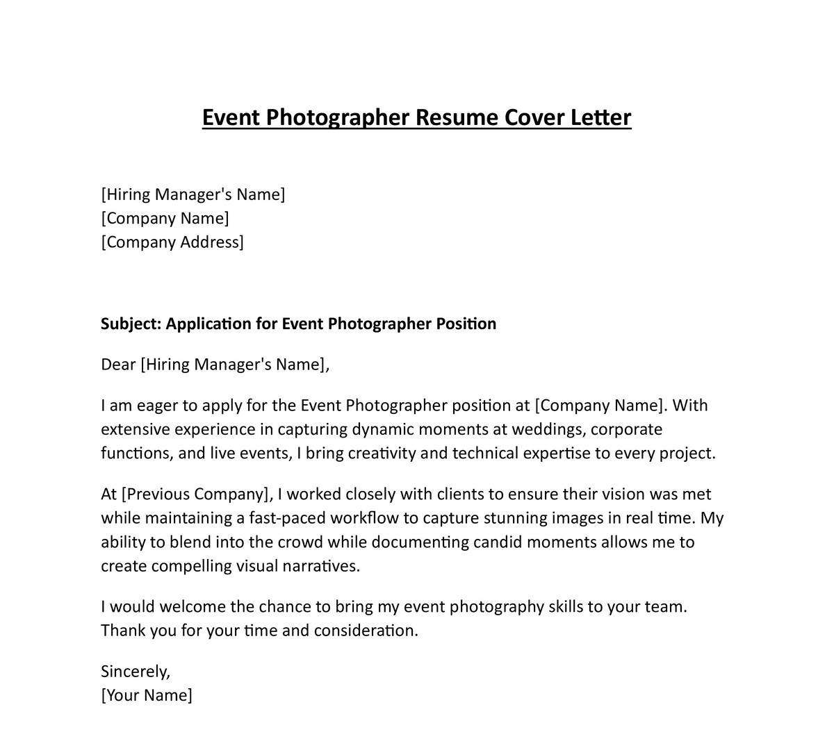 Event Photographer Resume Cover Letter