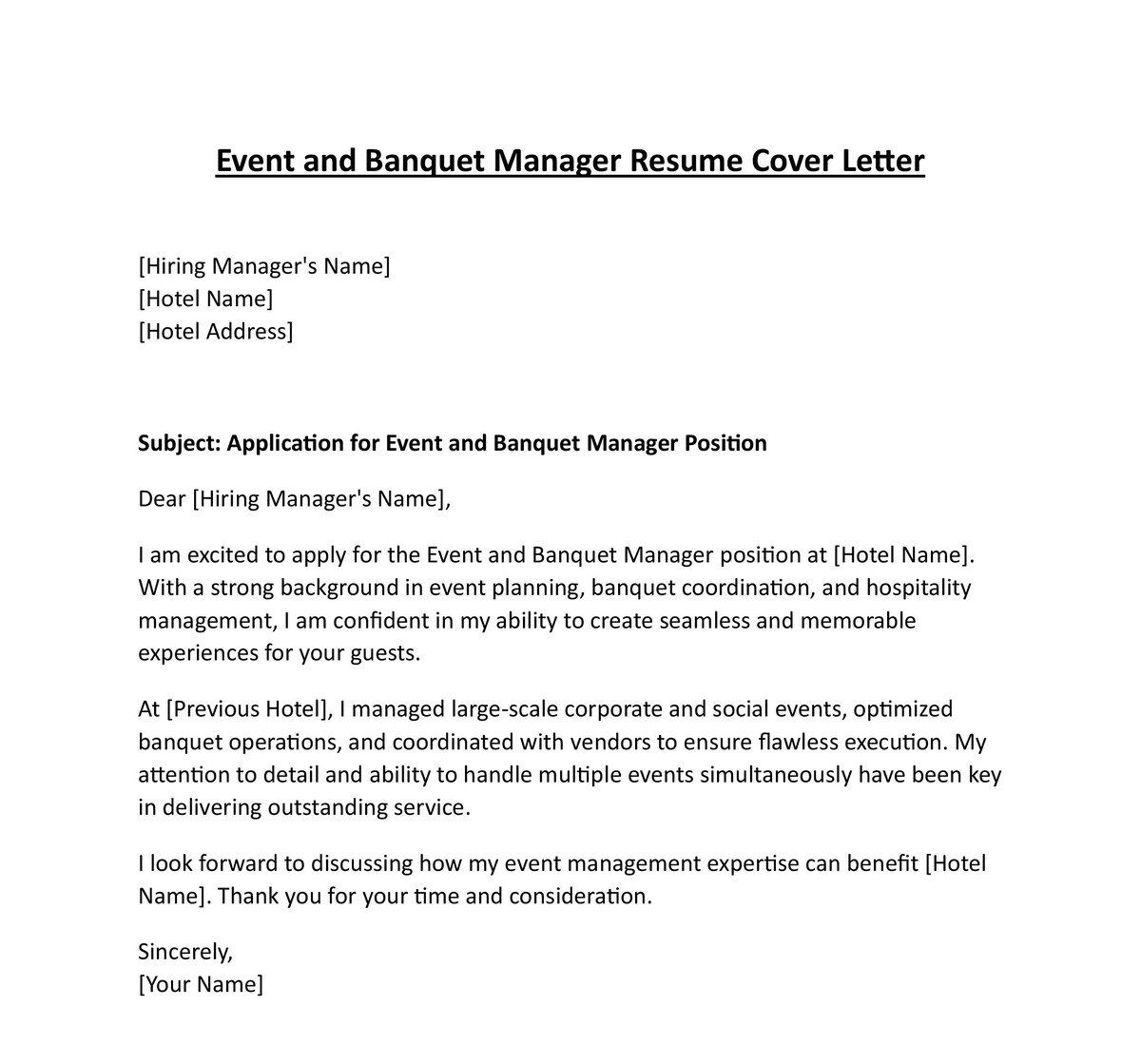 Event and Banquet Manager Resume Cover Letter