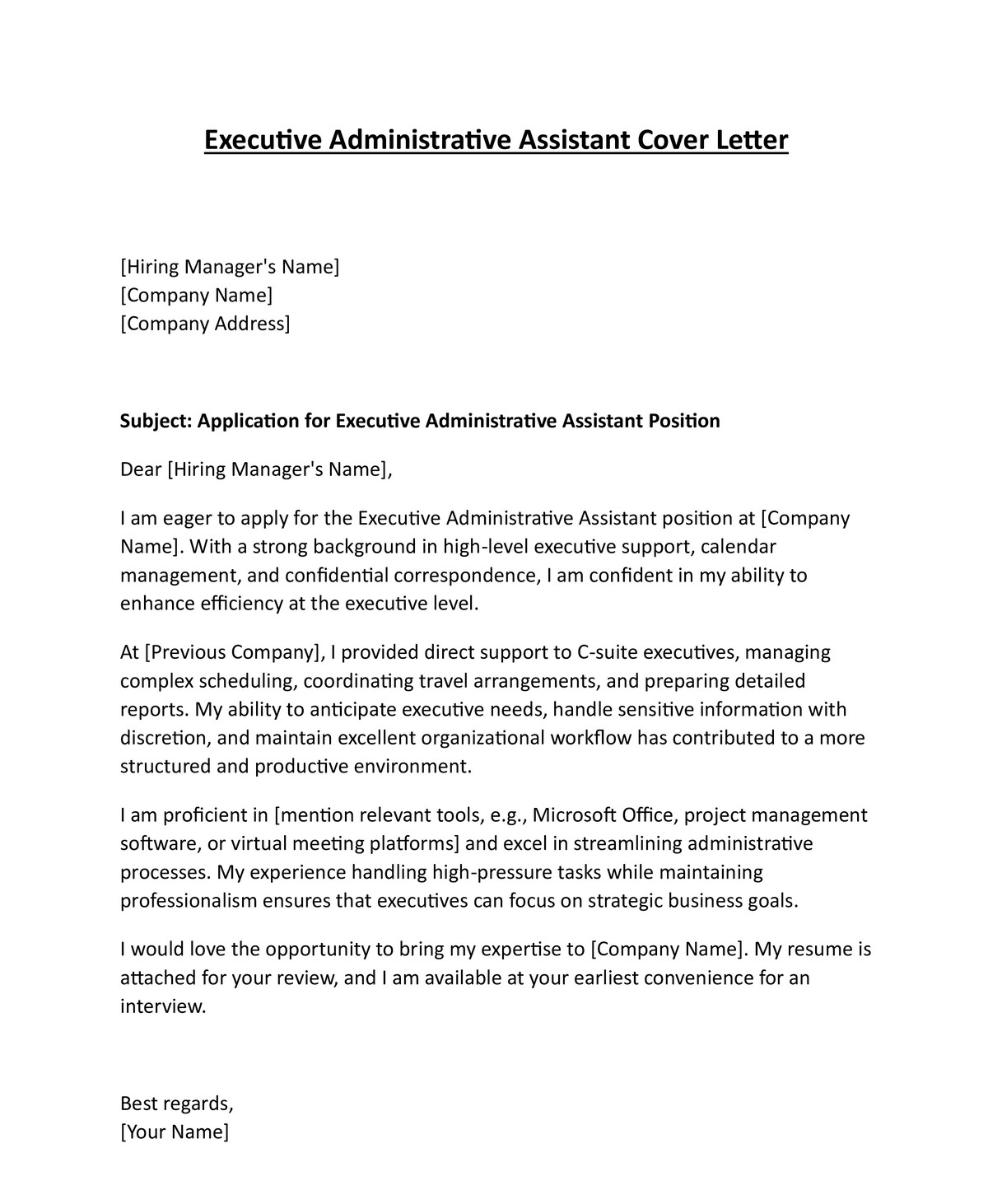 Executive Administrative Assistant Cover Letter