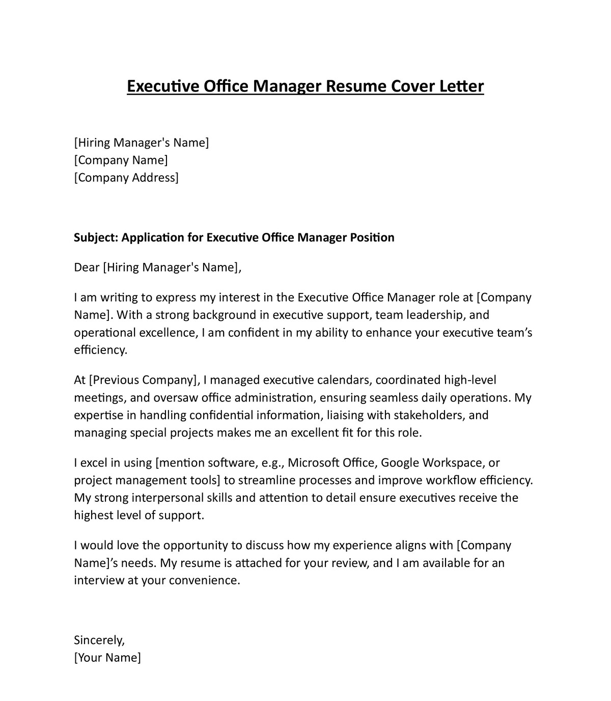 Executive Office Manager Resume Cover Letter