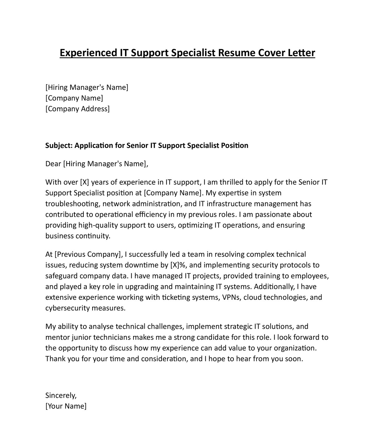 Experienced IT Support Specialist Resume Cover Letter