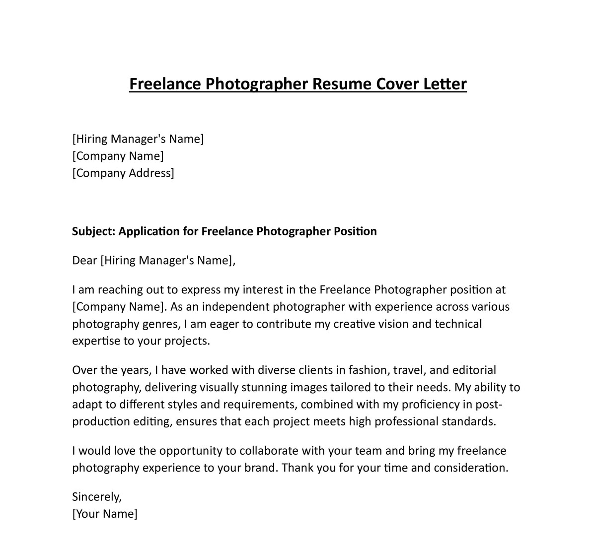 Freelance Photographer Resume Cover Letter