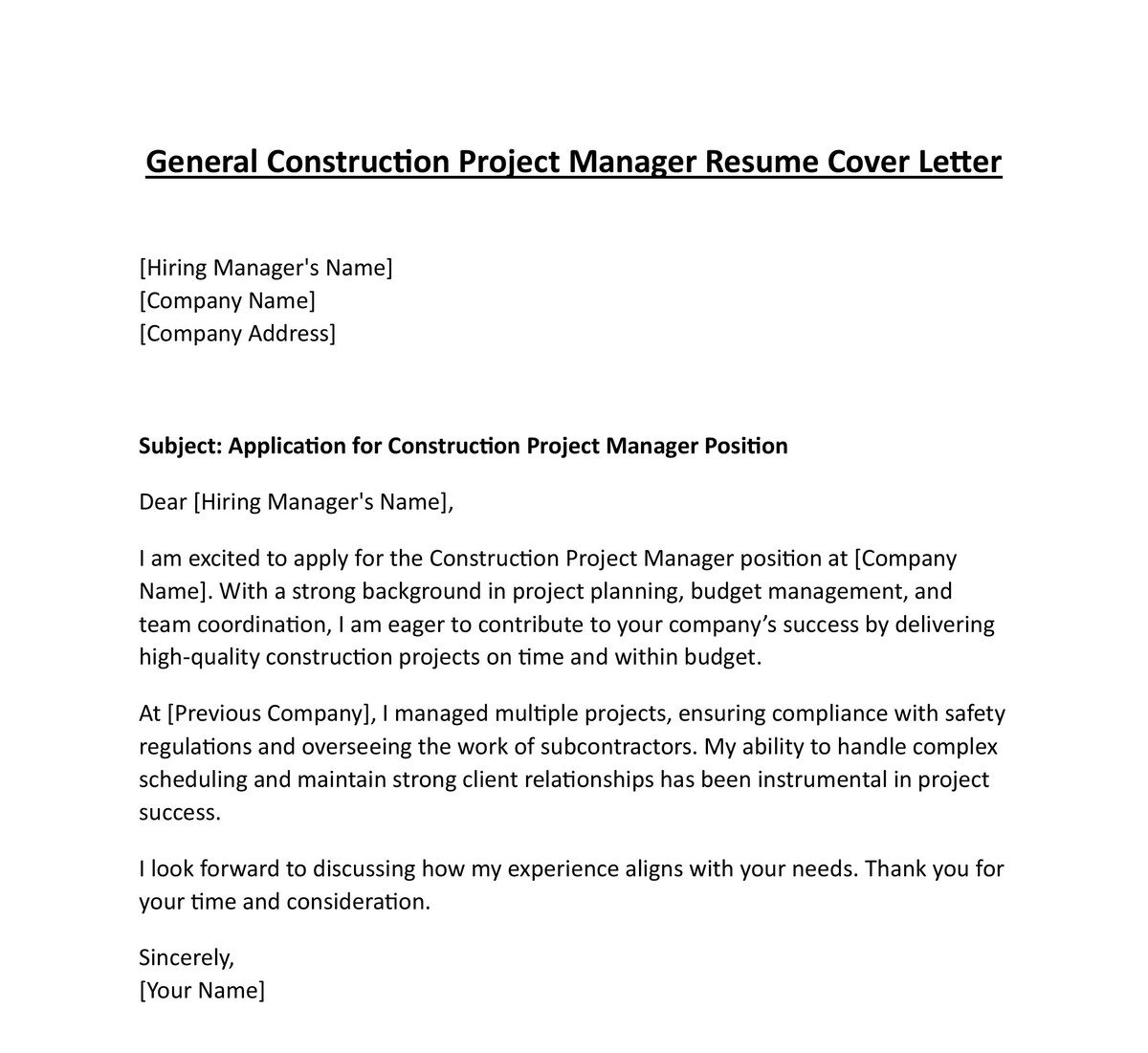 General Construction Project Manager Resume Cover Letter