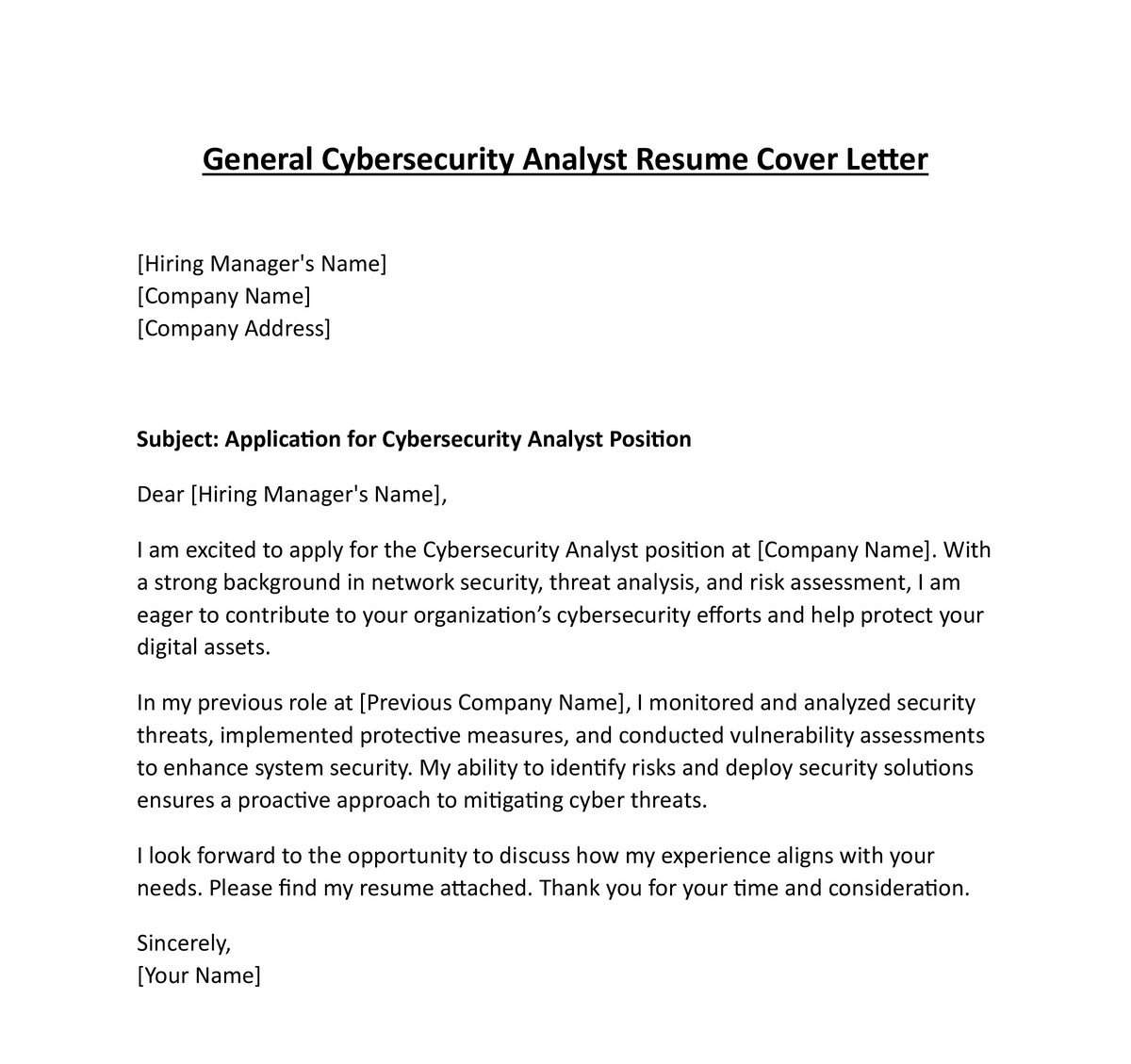 General Cybersecurity Analyst Resume Cover Letter