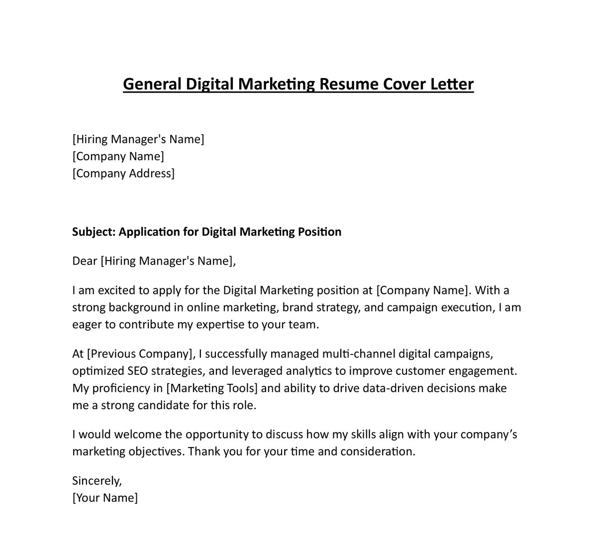 General Digital Marketing Cover Letter