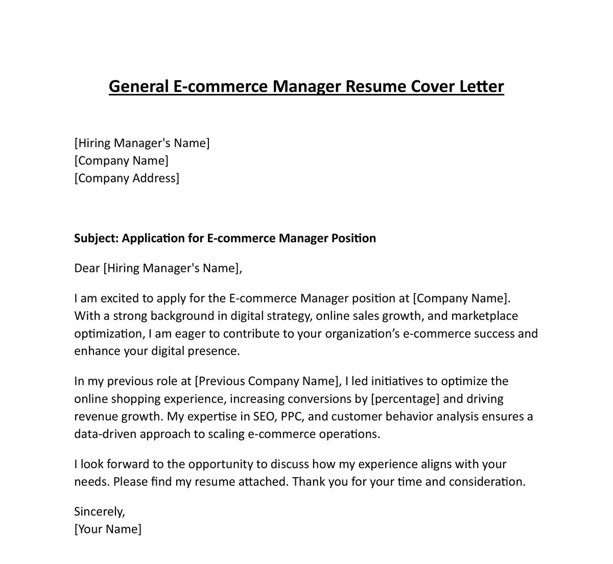 General E-commerce Manager Resume Cover Letter