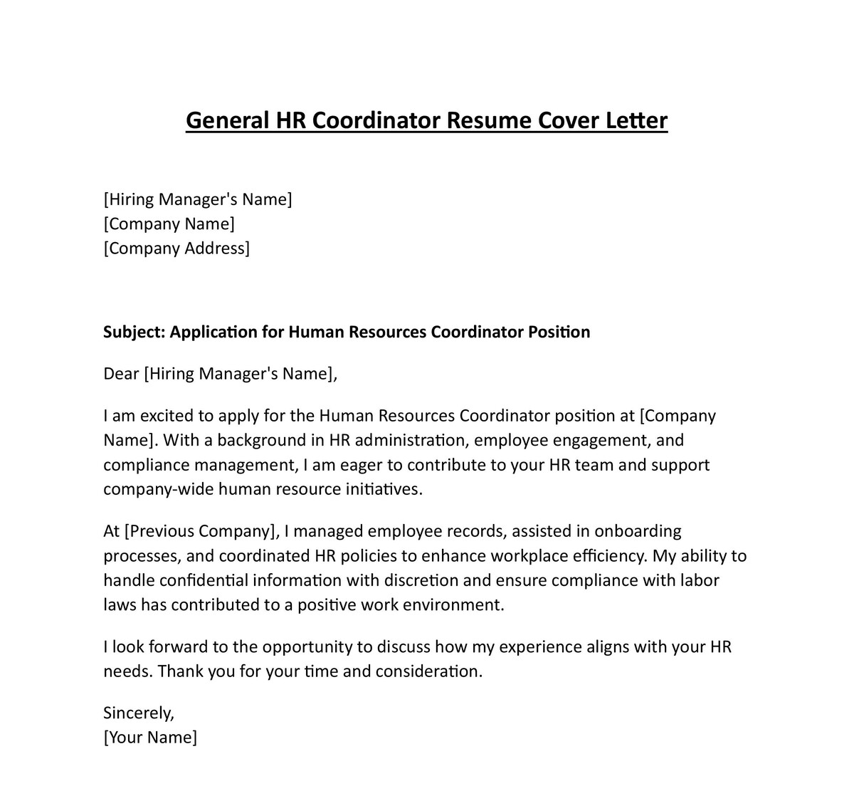 General HR Coordinator Resume Cover Letter