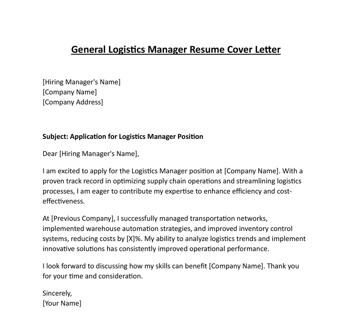 General Logistics Manager Resume Cover Letter