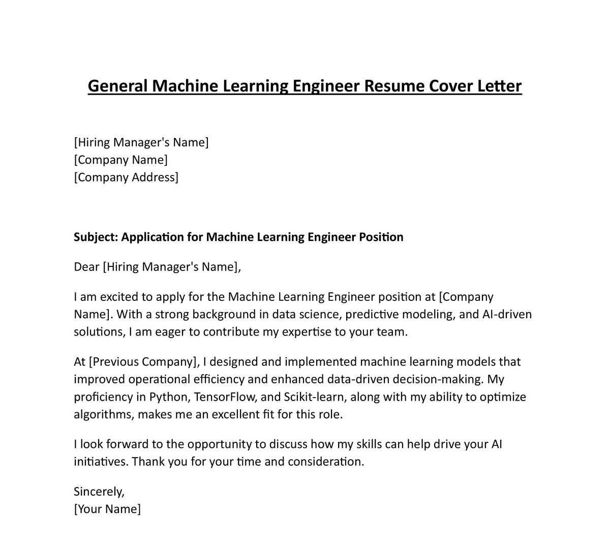 General Machine Learning Engineer Resume Cover Letter