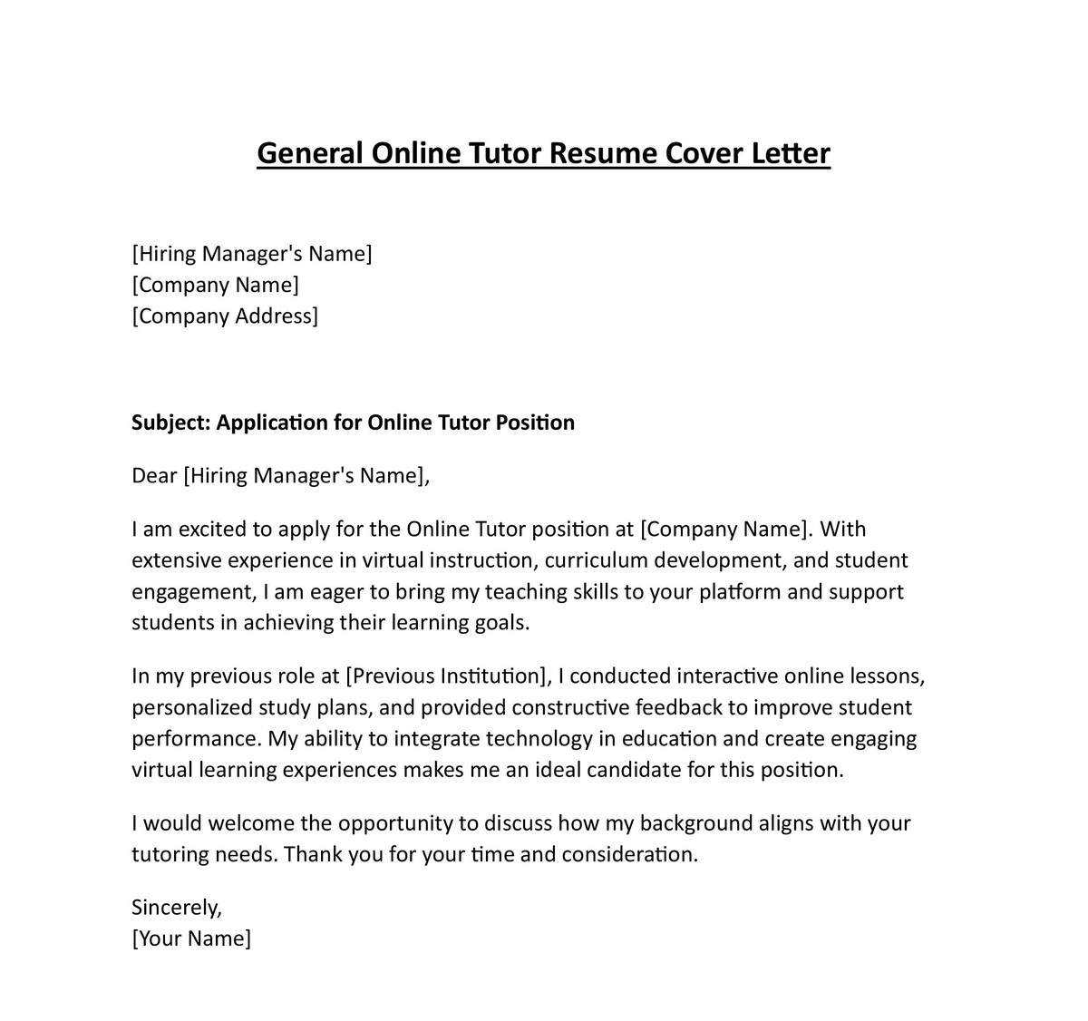 General Online Tutor Resume Cover Letter