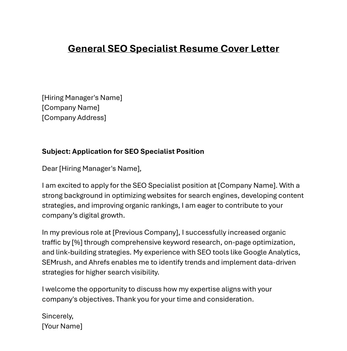 General SEO Specialist Resume Cover Letter