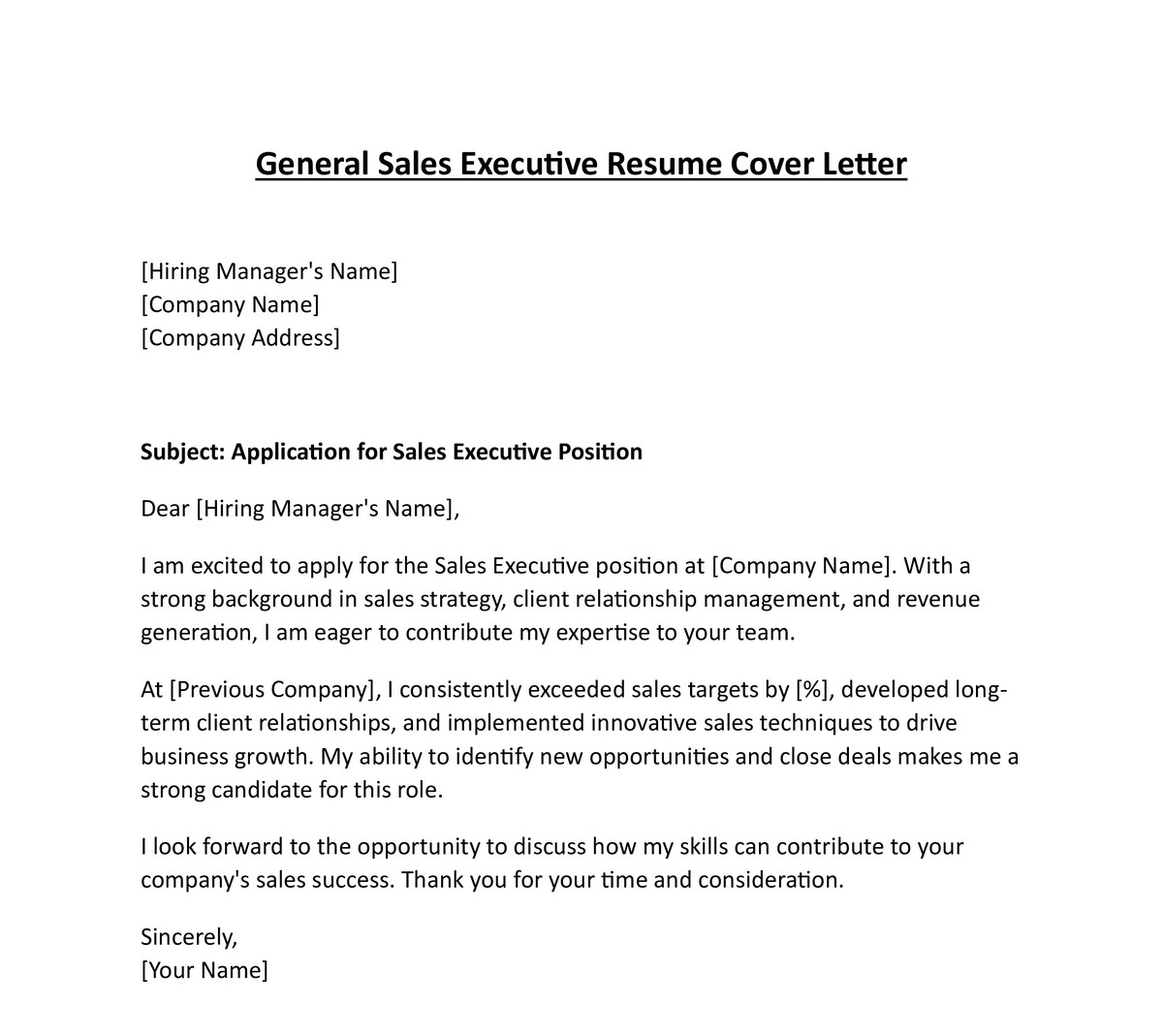 General Sales Executive Resume Cover Letter