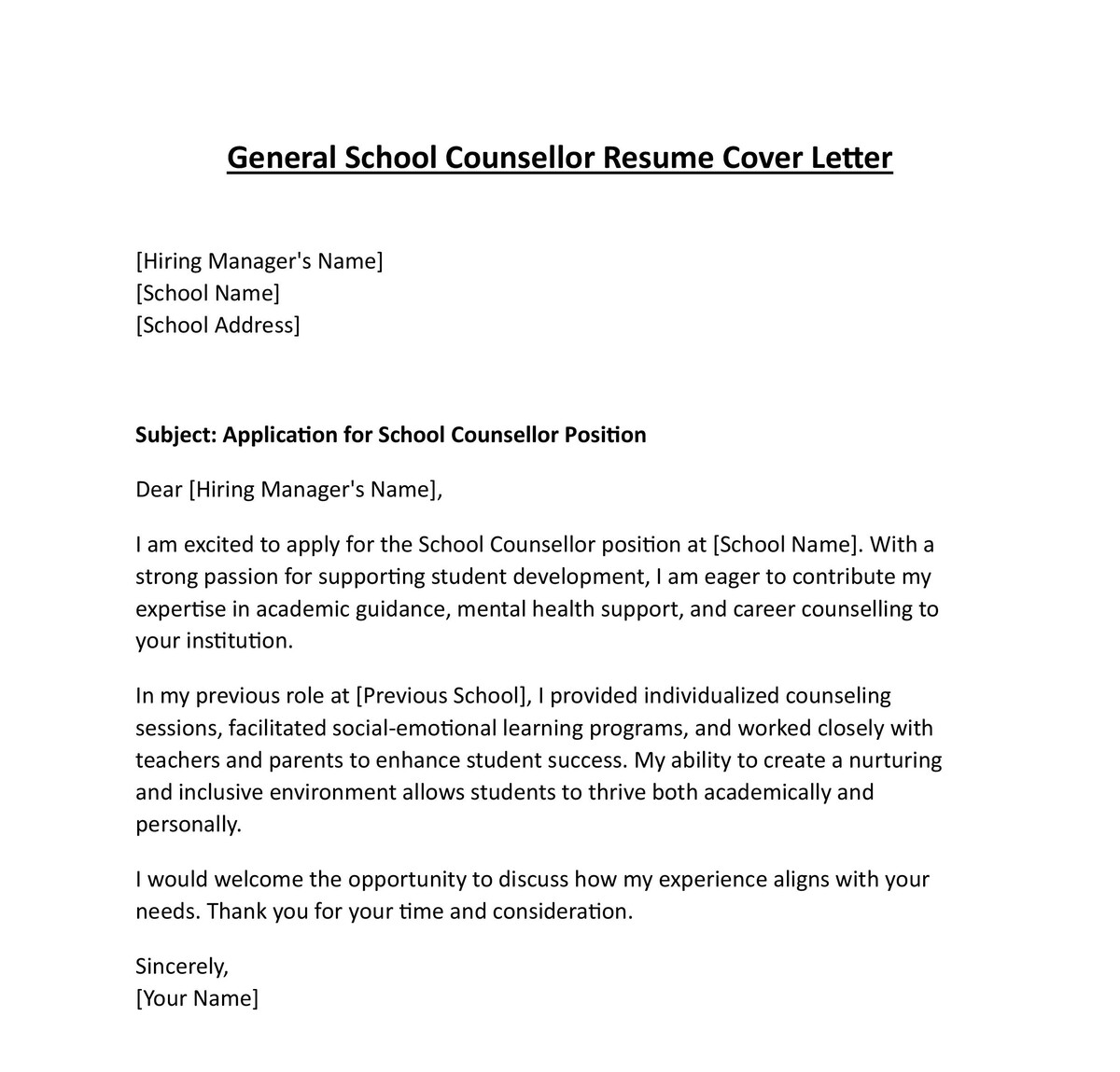 General School Counsellor Resume Cover Letter