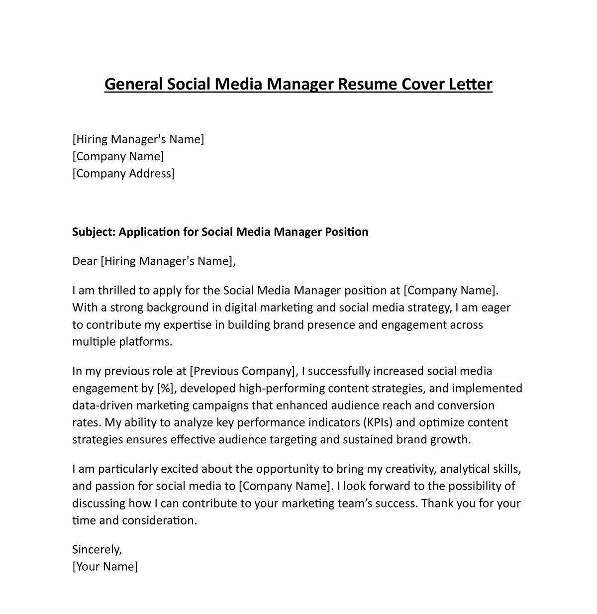 General Social Media Manager Resume Cover Letter