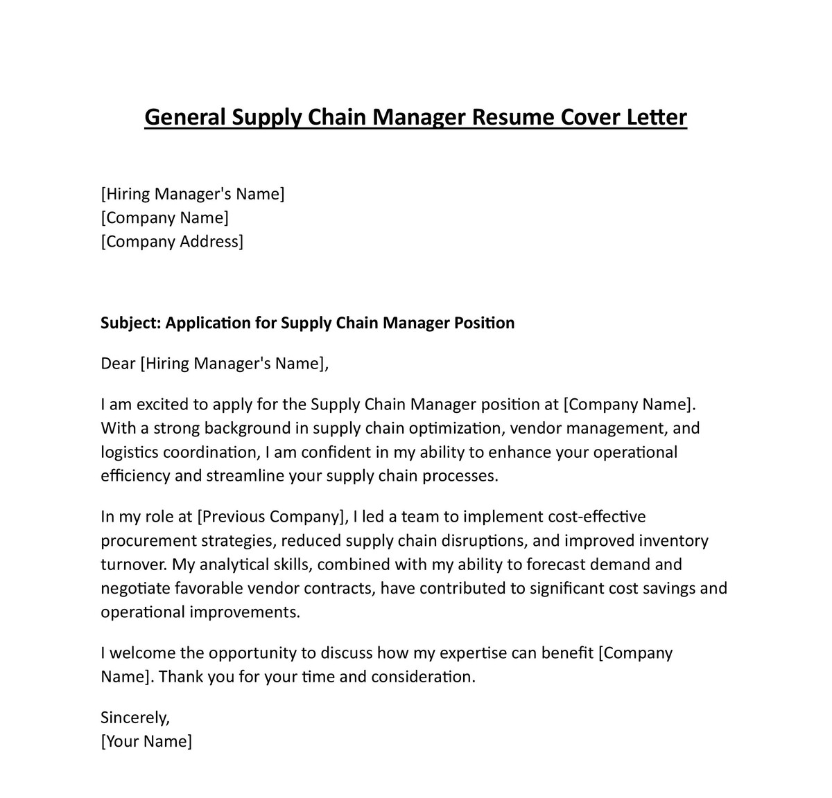 General Supply Chain Manager Resume Cover Letter