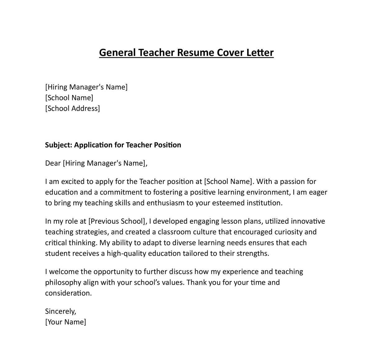 General Teacher Resume Cover Letter