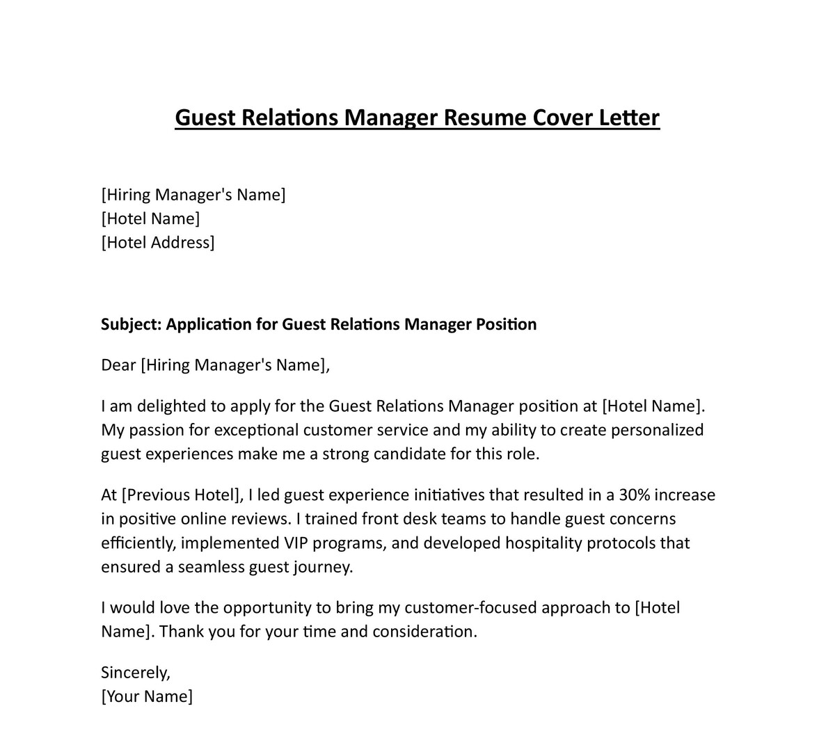 Guest Relations Manager Resume Cover Letter