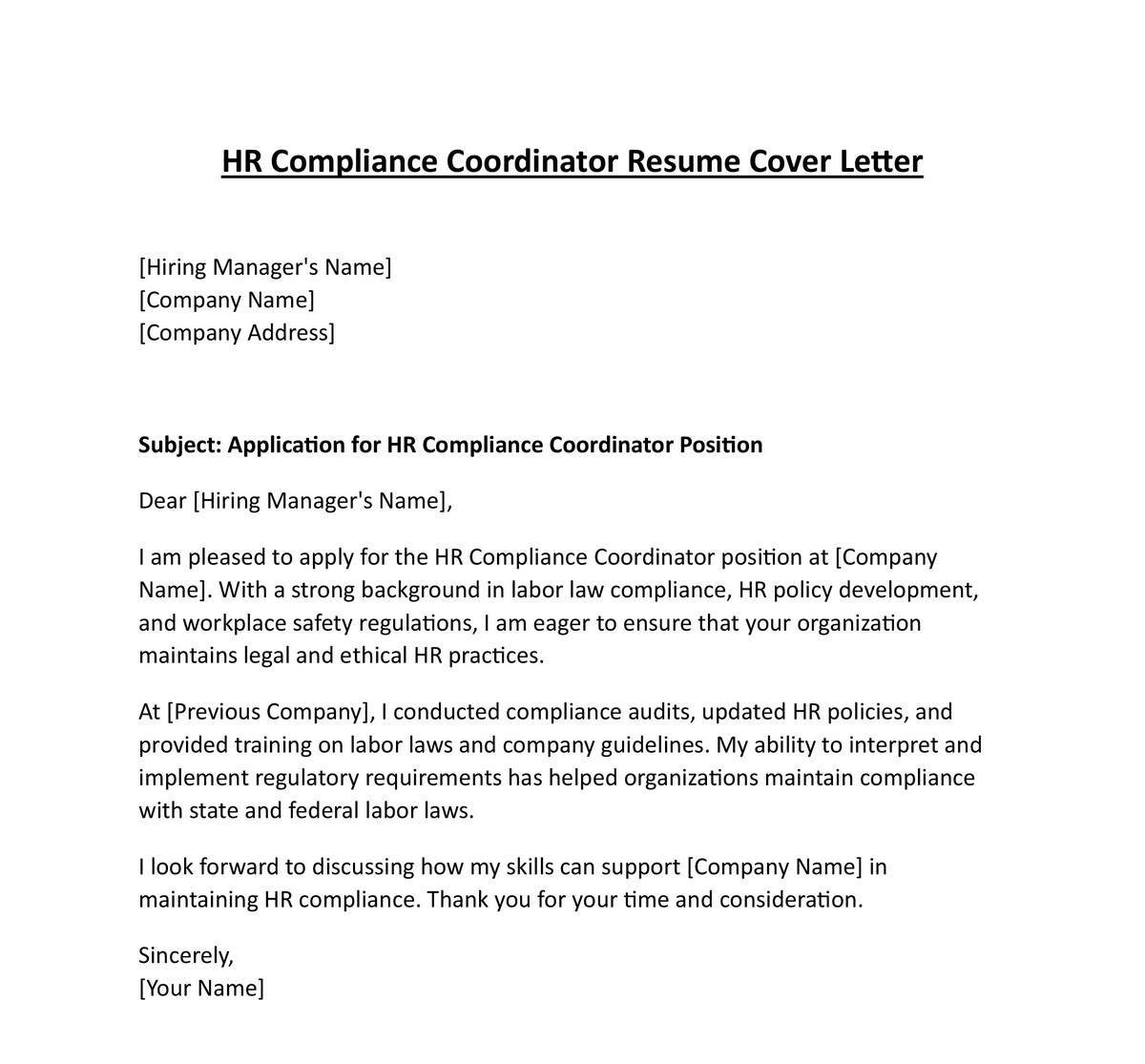 HR Compliance Coordinator Resume Cover Letter