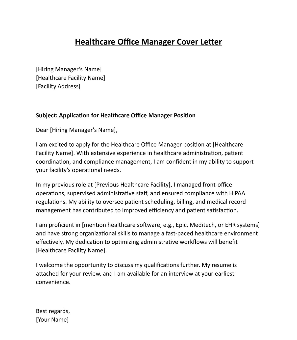 Healthcare Office Manager Resume Cover Letter