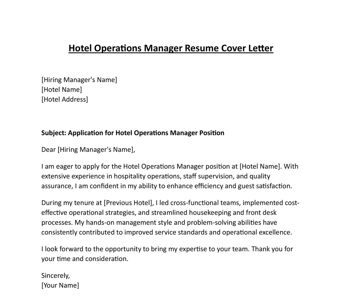 Hotel Operations Manager Resume Cover Letter