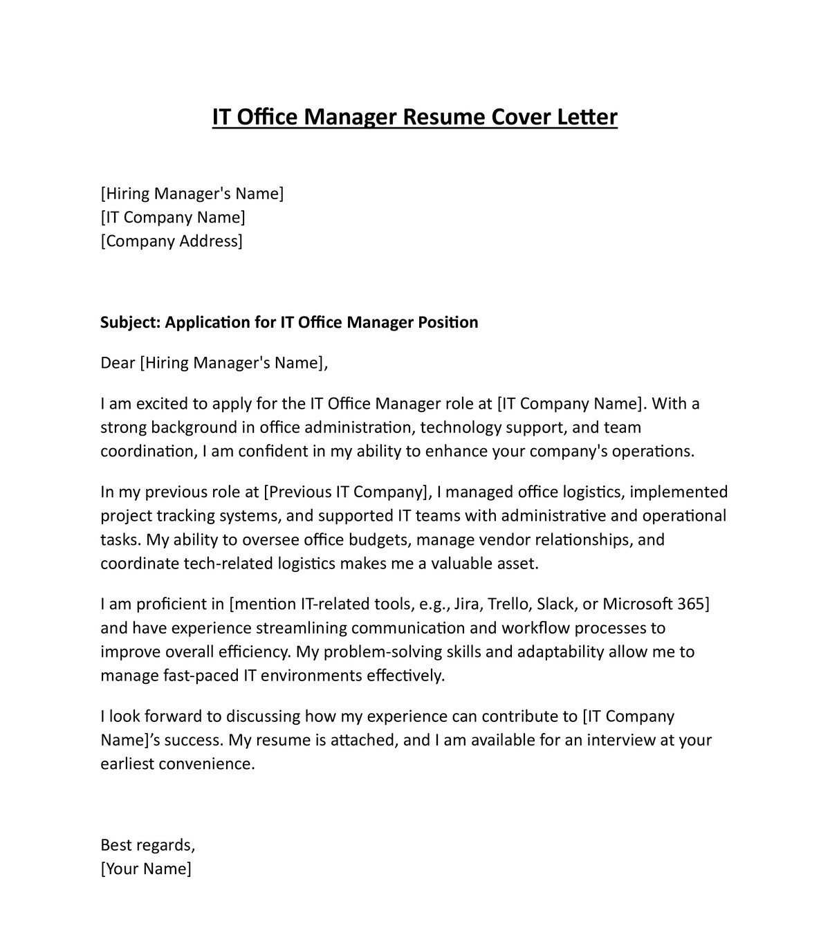 IT Office Manager Resume Cover Letter