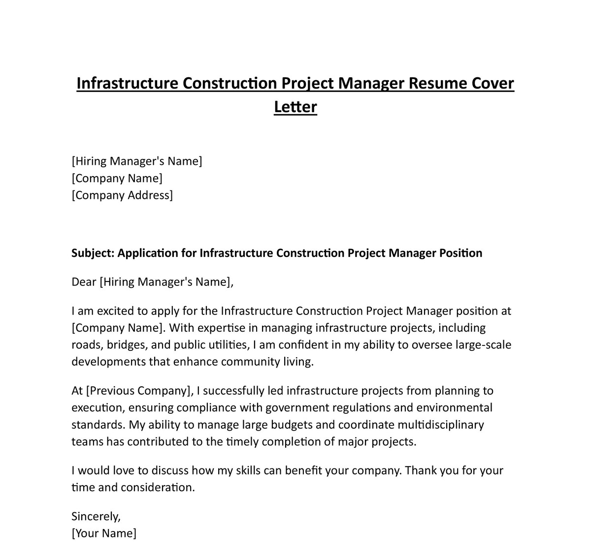 Infrastructure Construction Project Manager Resume Cover Letter