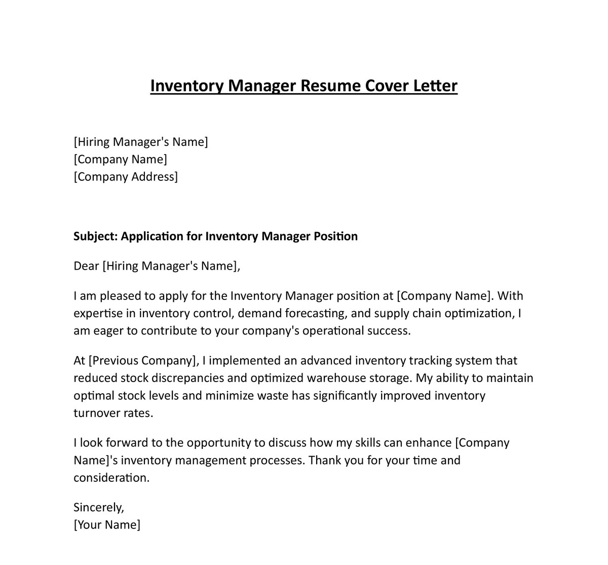 Inventory Manager Resume Cover Letter