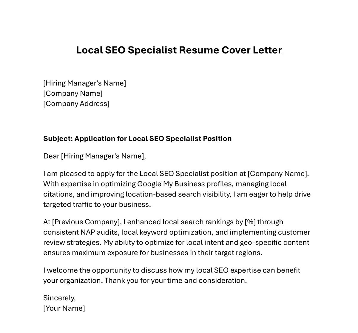 Local SEO Specialist Resume Cover Letter