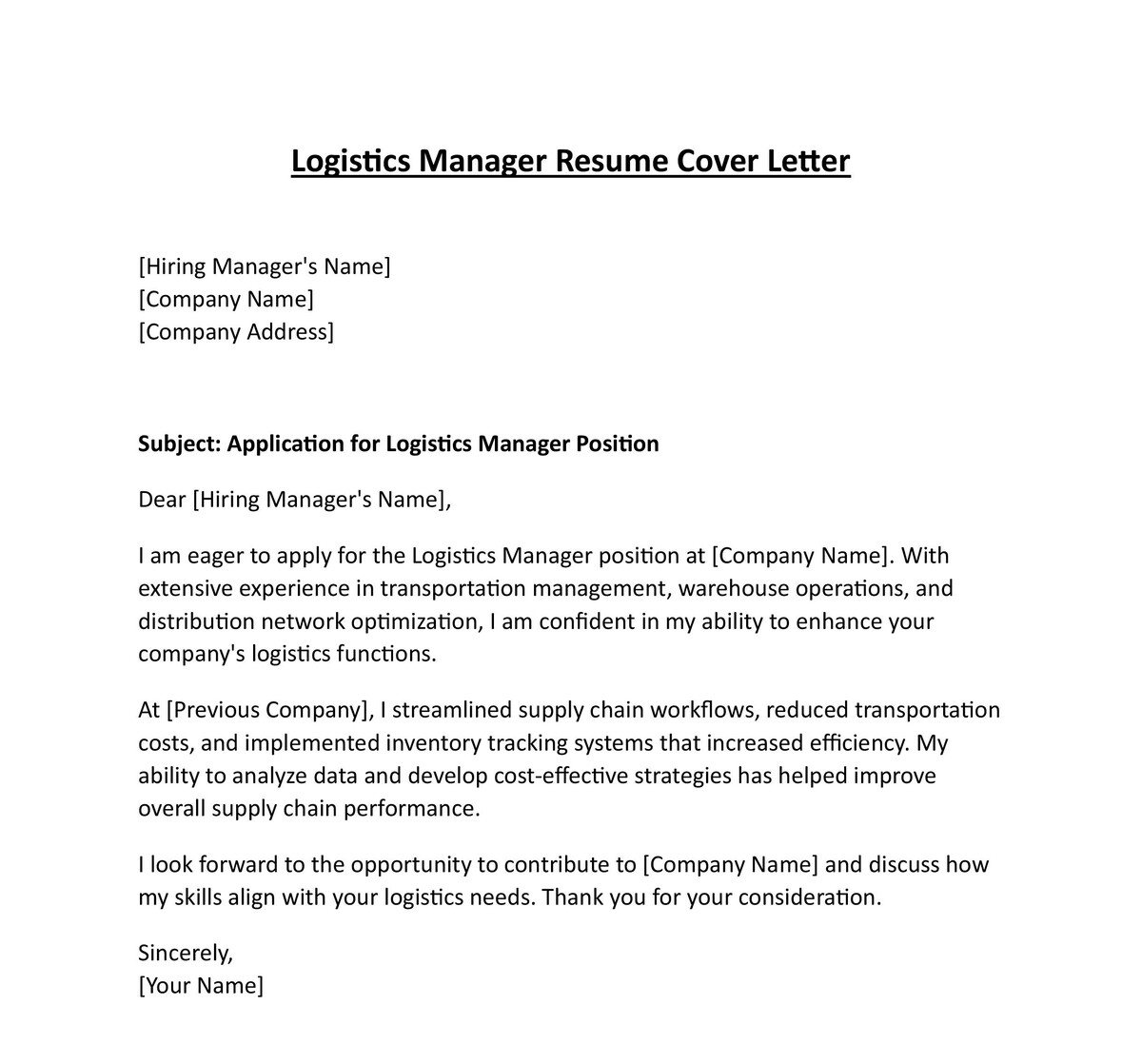 Logistics Manager Resume Cover Letter