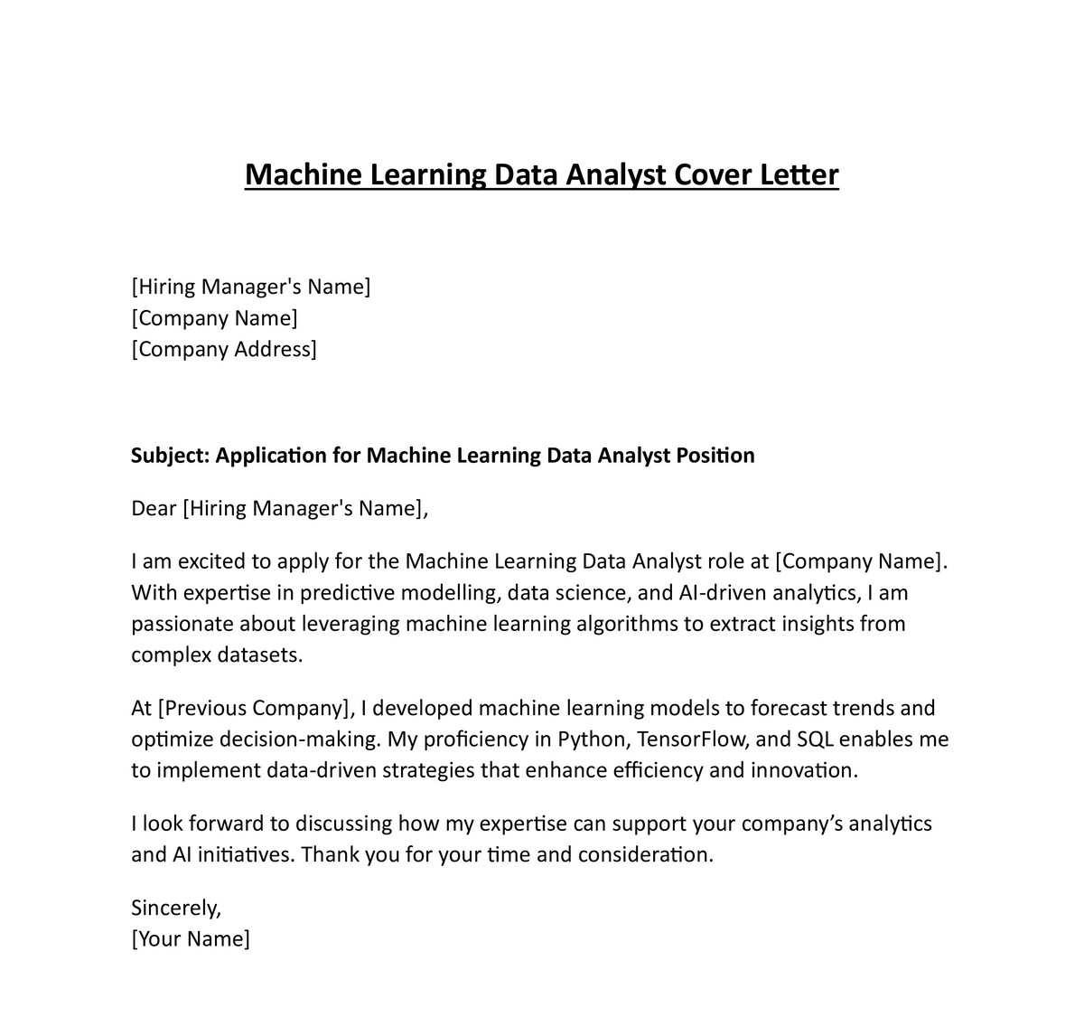 Machine Learning Data Analyst Cover Letter