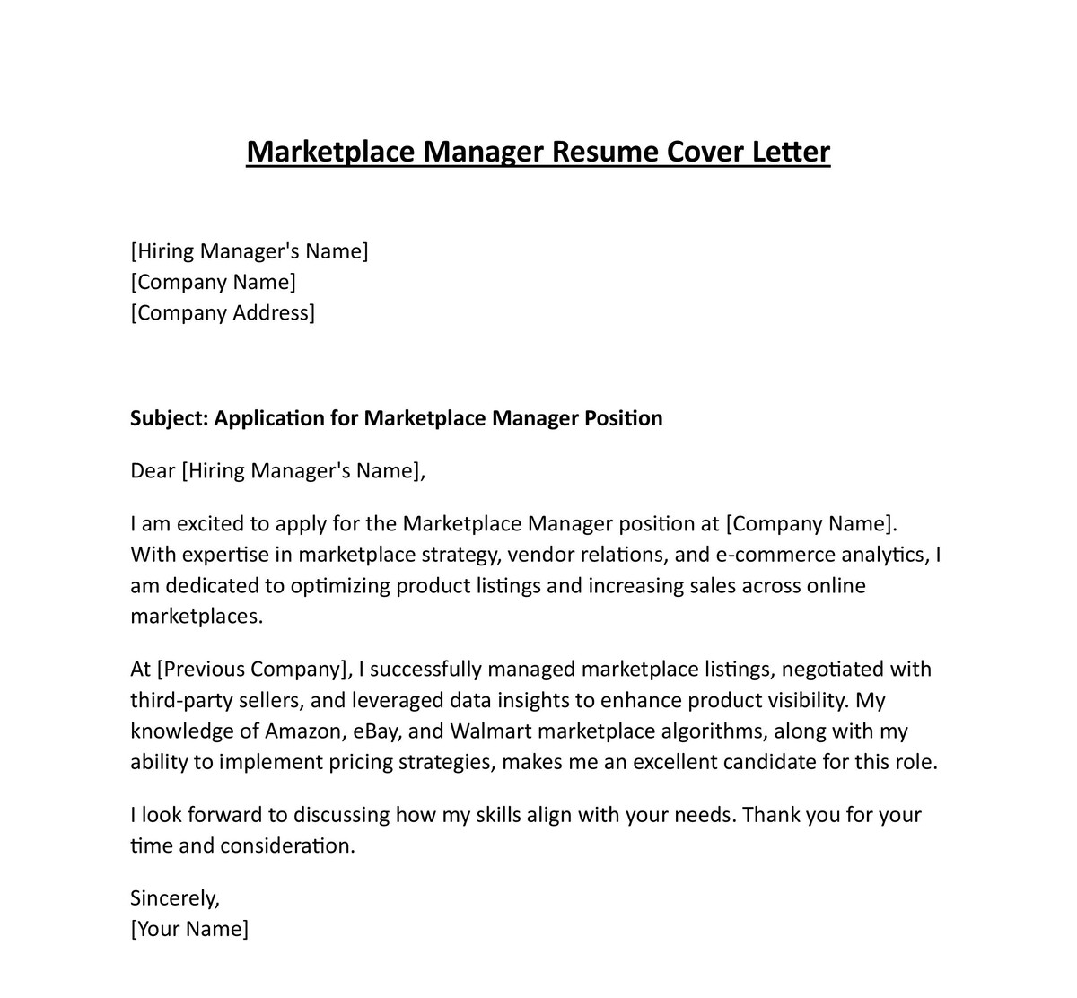 Marketplace Manager Resume Cover Letter