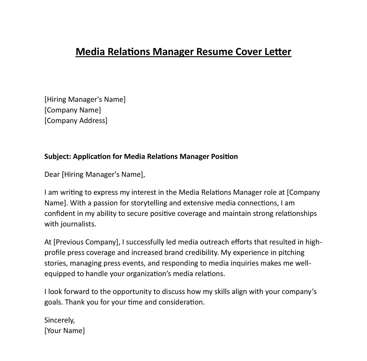 Media Relations Manager Resume Cover Letter