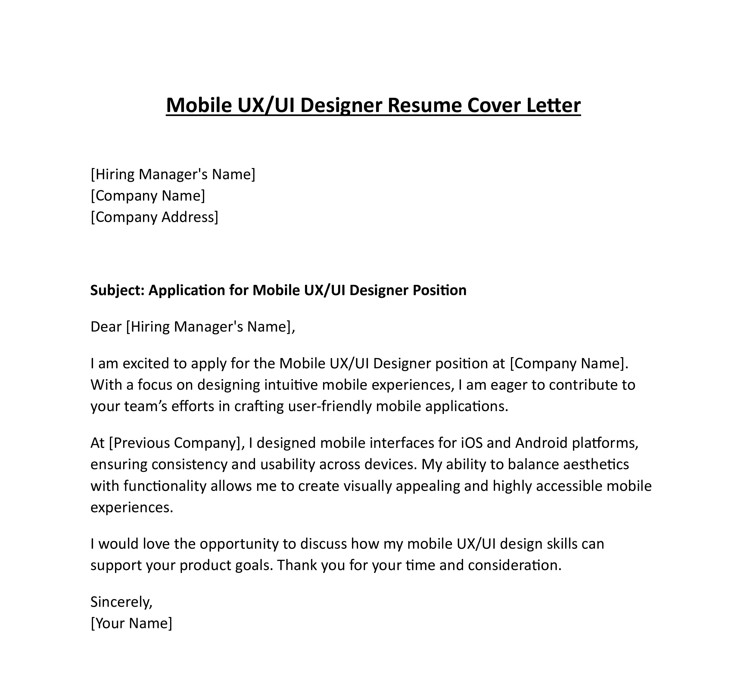 Mobile UX UI Designer Resume Cover Letter