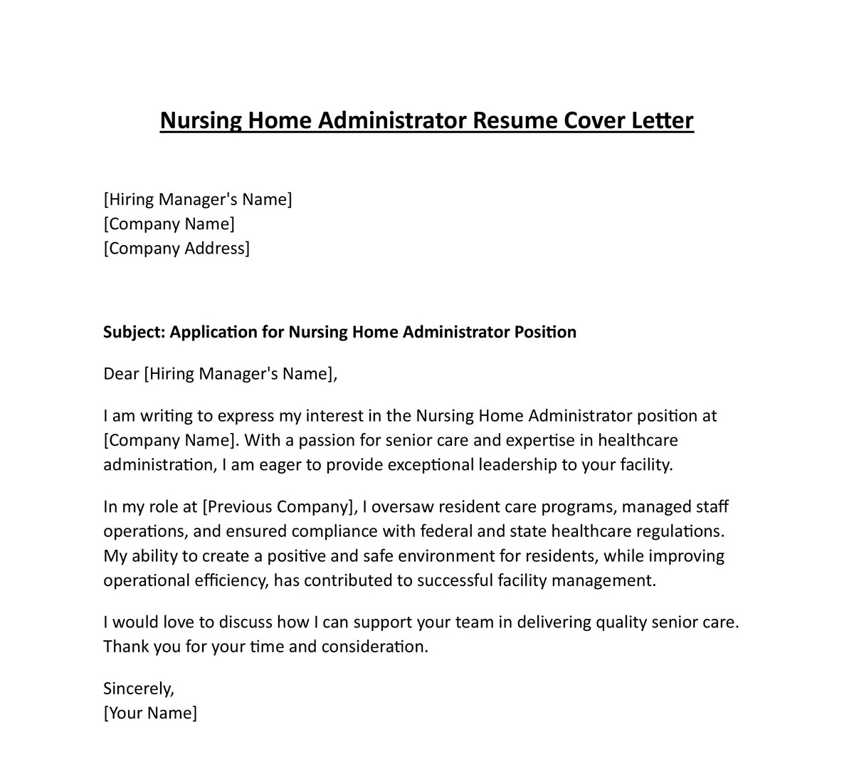 Nursing Home Administrator Resume Cover Letter