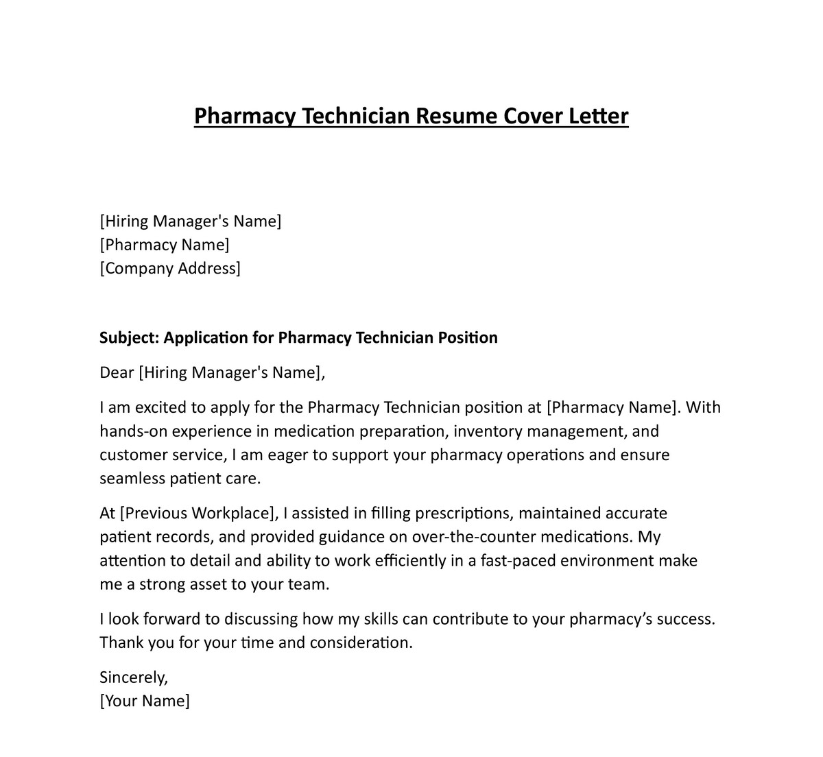 Pharmacy Technician Resume Cover Letter