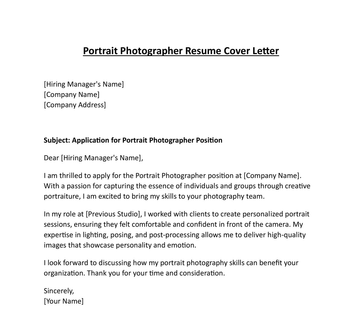 Portrait Photographer Resume Cover Letter