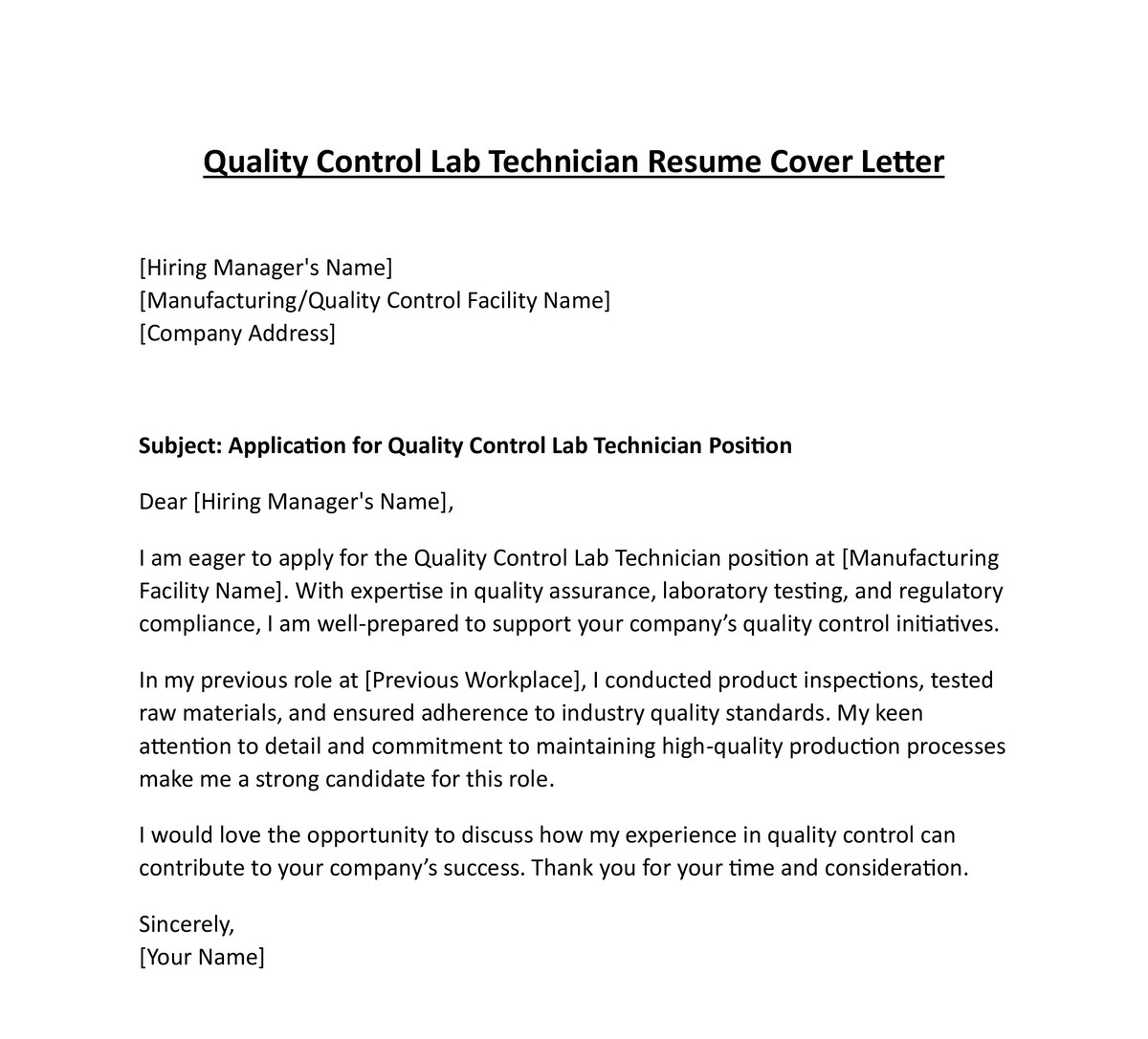 Quality Control Lab Technician Cover Letter