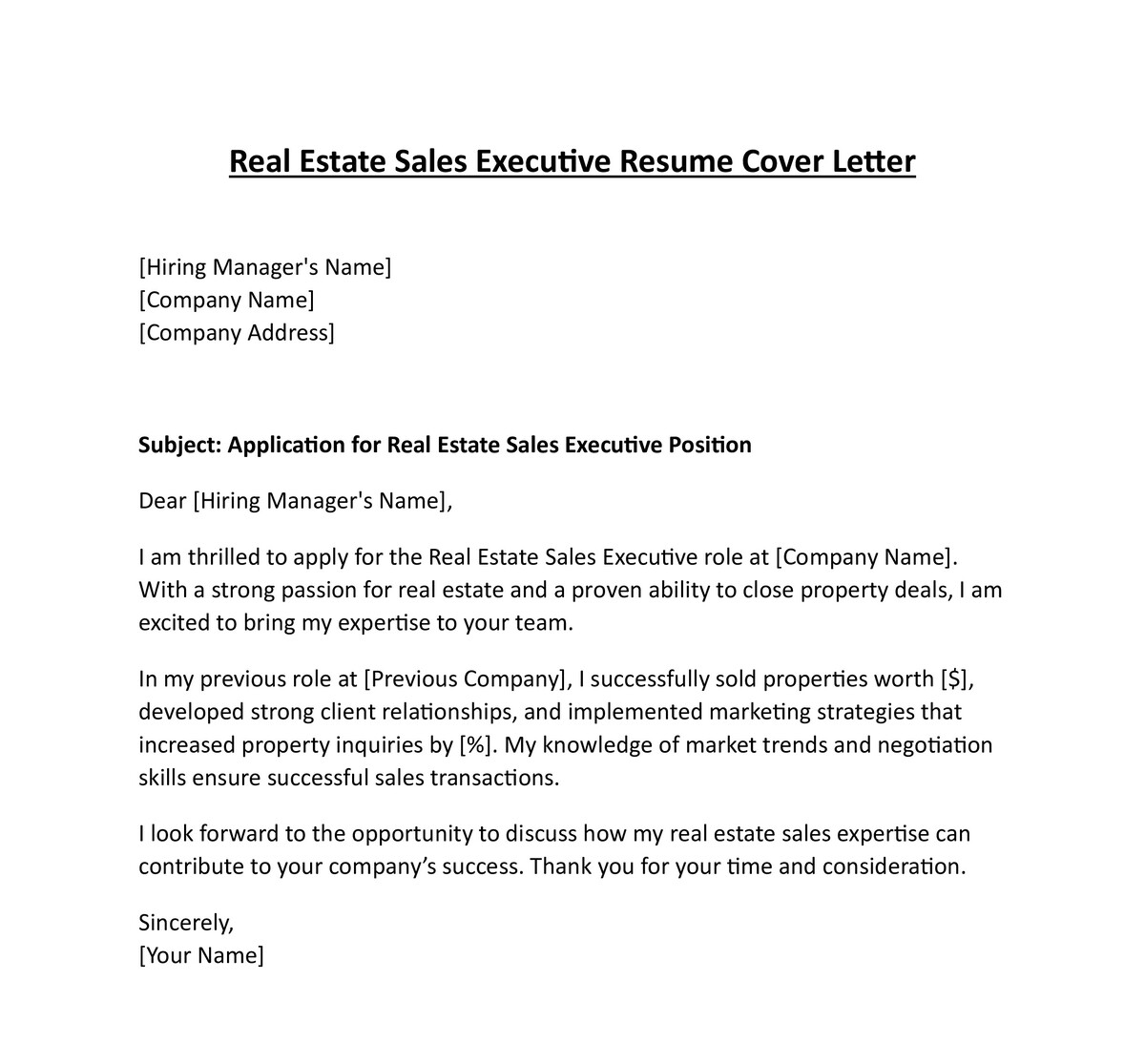 Real Estate Sales Executive Resume Cover Letter