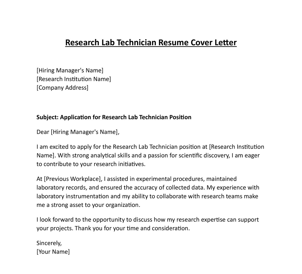 Research Lab Technician Resume Cover Letter