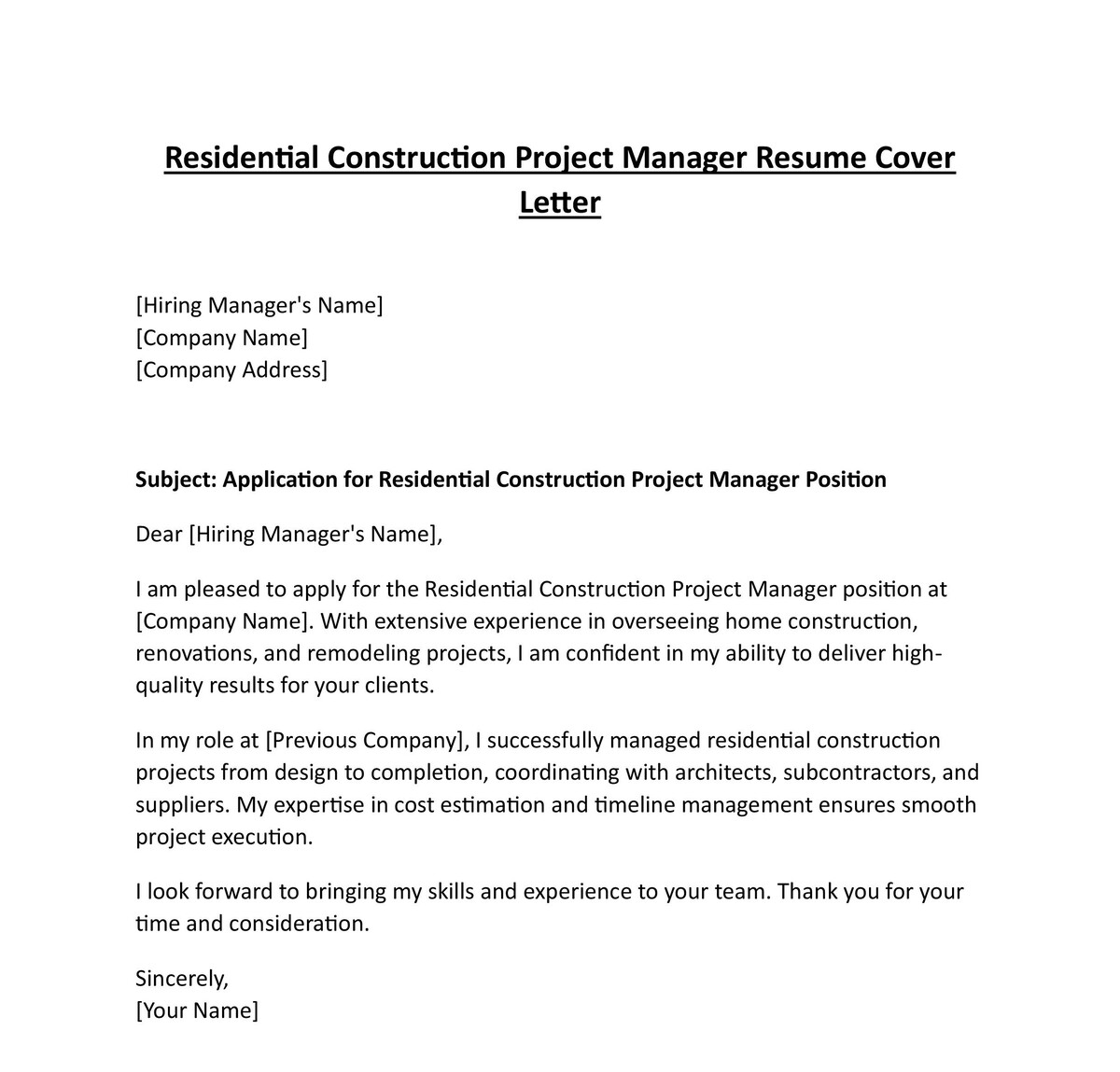 Residential Construction Project Manager Resume Cover Letter