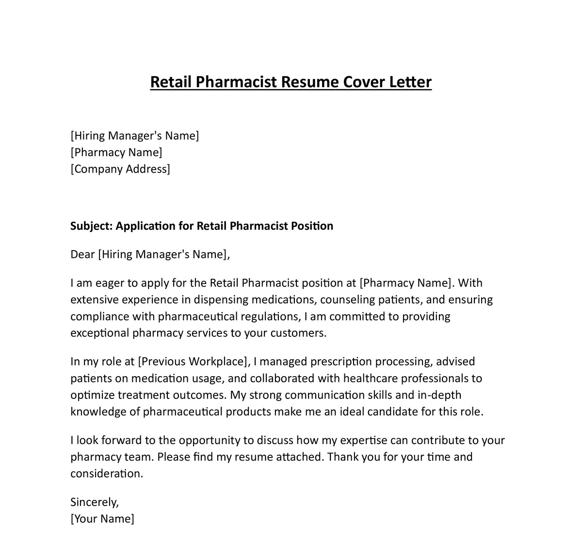 Retail Pharmacist Resume Cover Letter