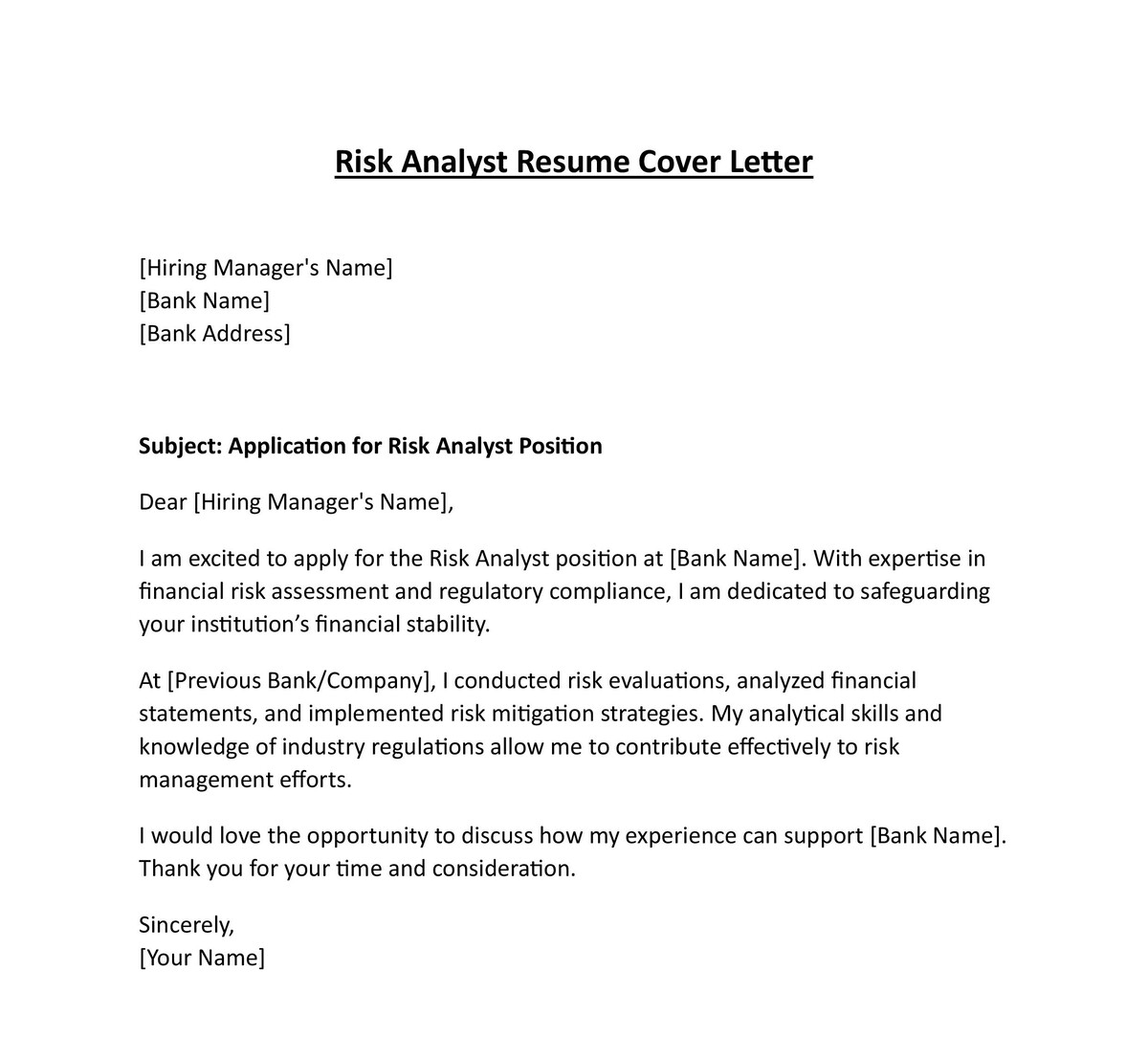 Risk Analyst Resume Cover Letter