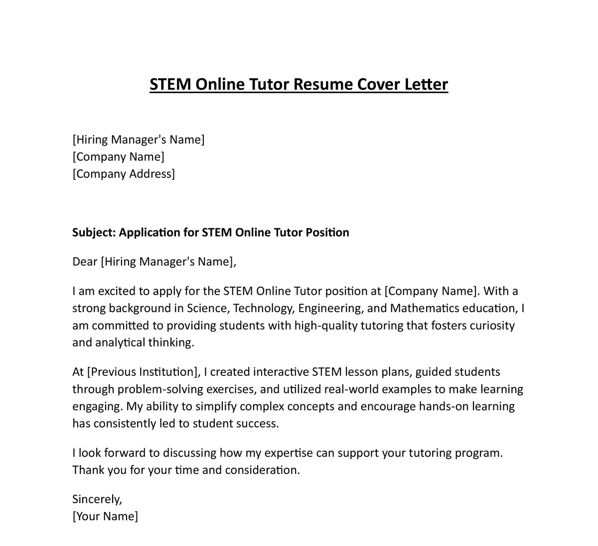 STEM Online Tutor Resume Cover Letter