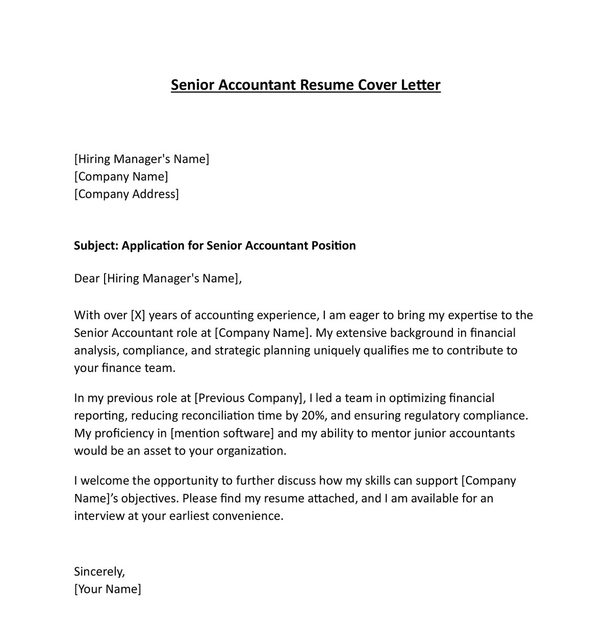 Senior Accountant Resume Cover Letter