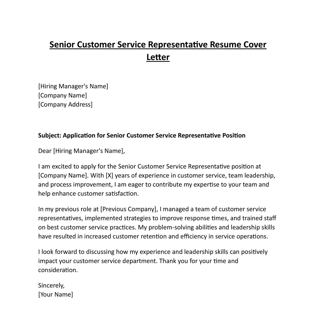 Senior Customer Service Representative Resume Cover Letter