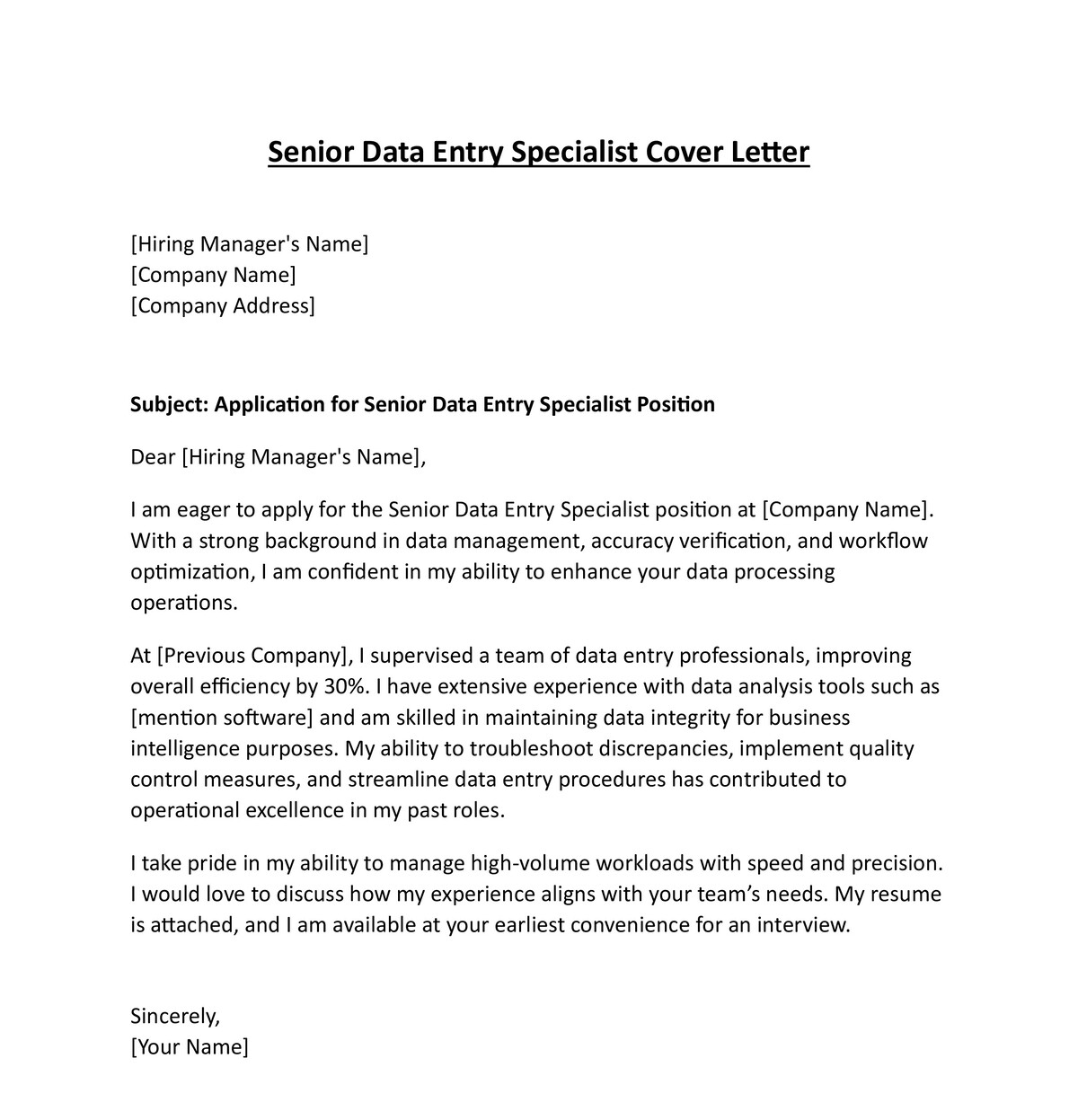 Senior Data Entry Specialist Cover Letter