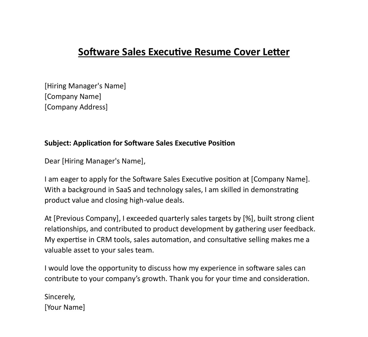 Software Sales Executive Resume Cover Letter