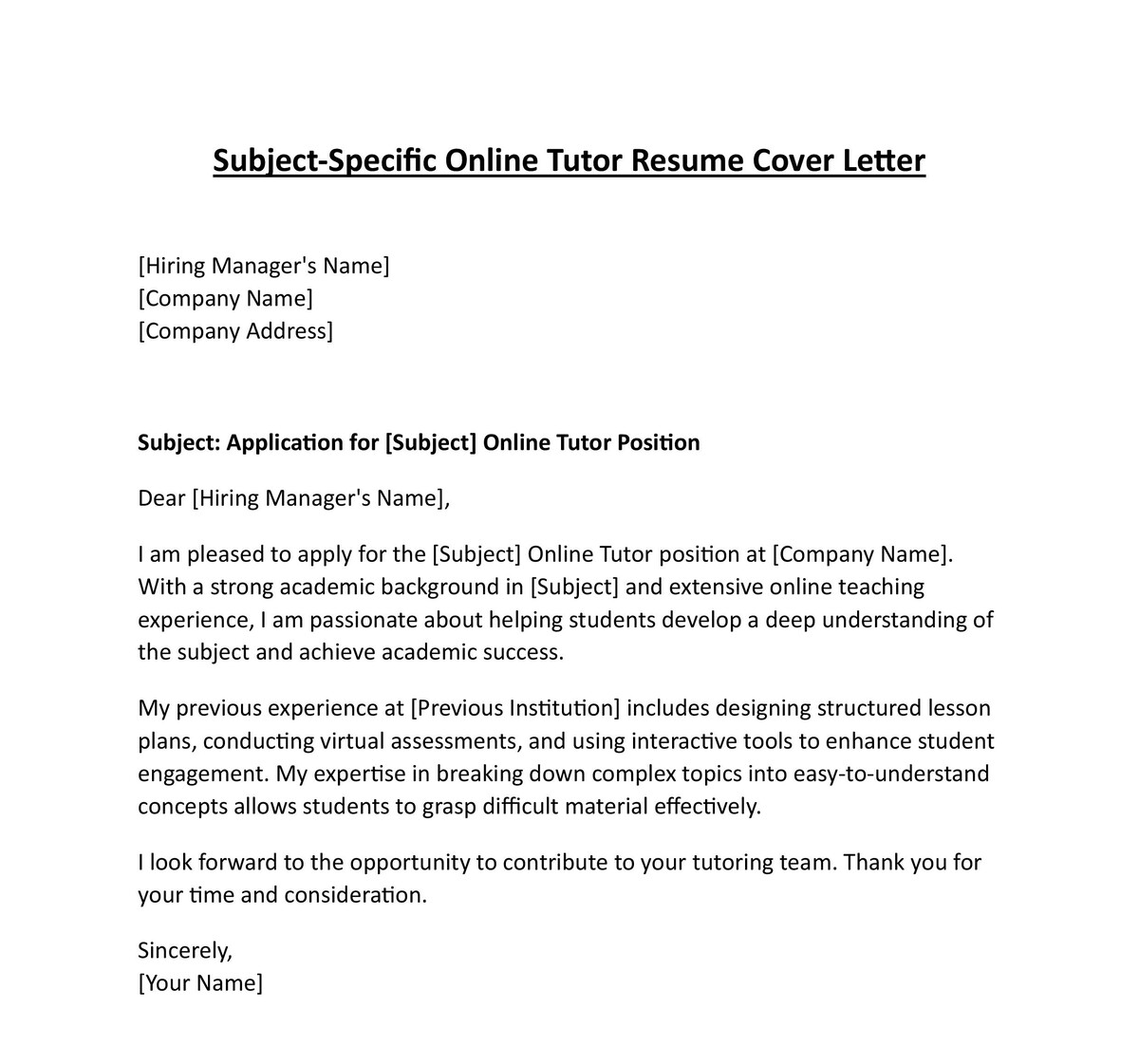 Subject-Specific Online Tutor Resume Cover Letter