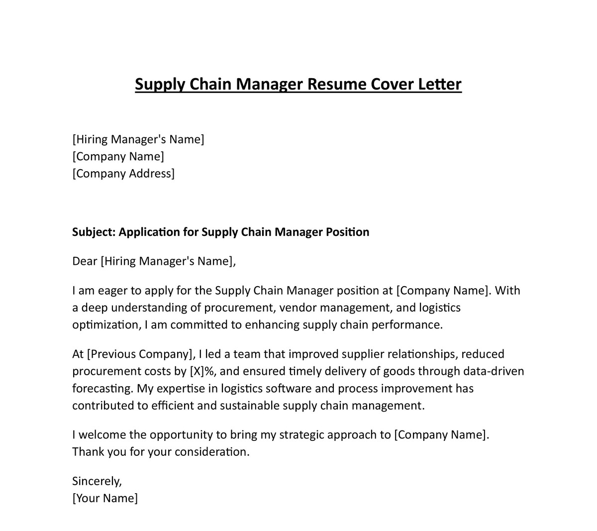 Supply Chain Manager Resume Cover Letter